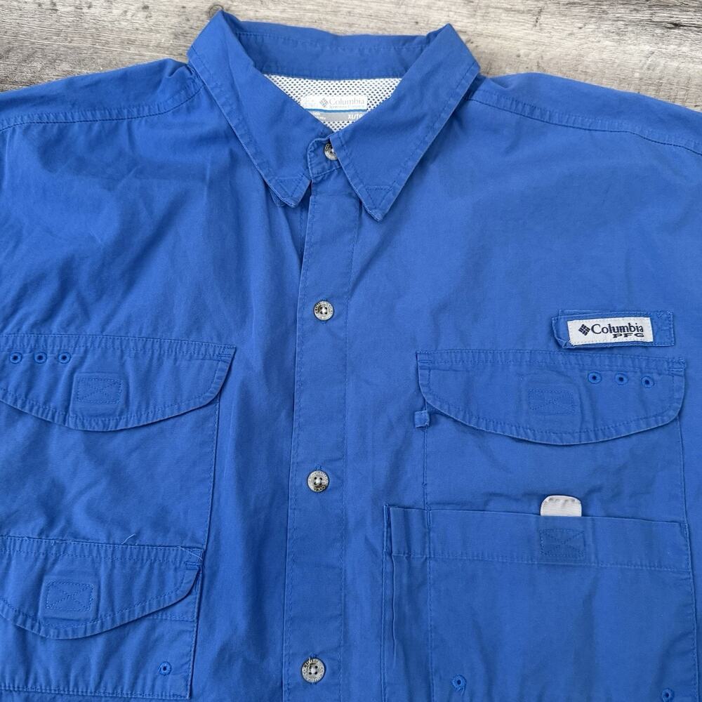 Columbia PFG Fishing Shirt Mens XL Blue Bahama II Short Sleeve Cotton Vented
